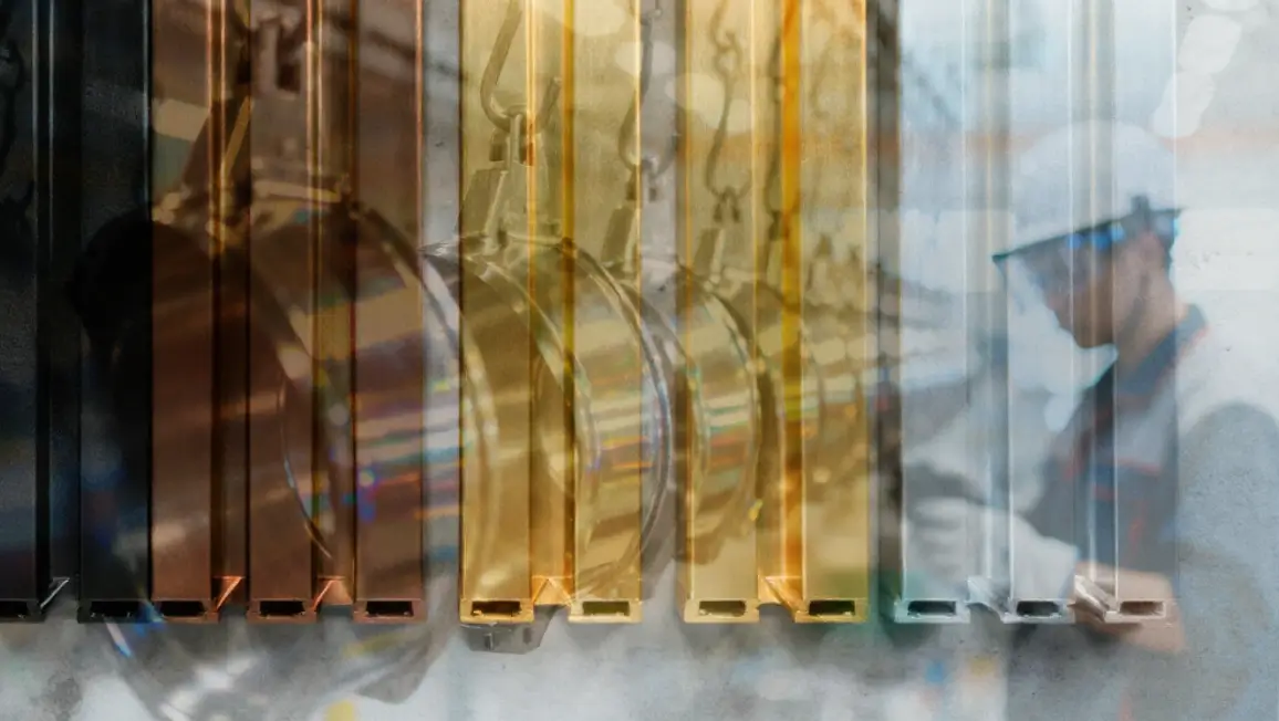 Close up of refined metals in with an overlay of a metal product manufacturing line.