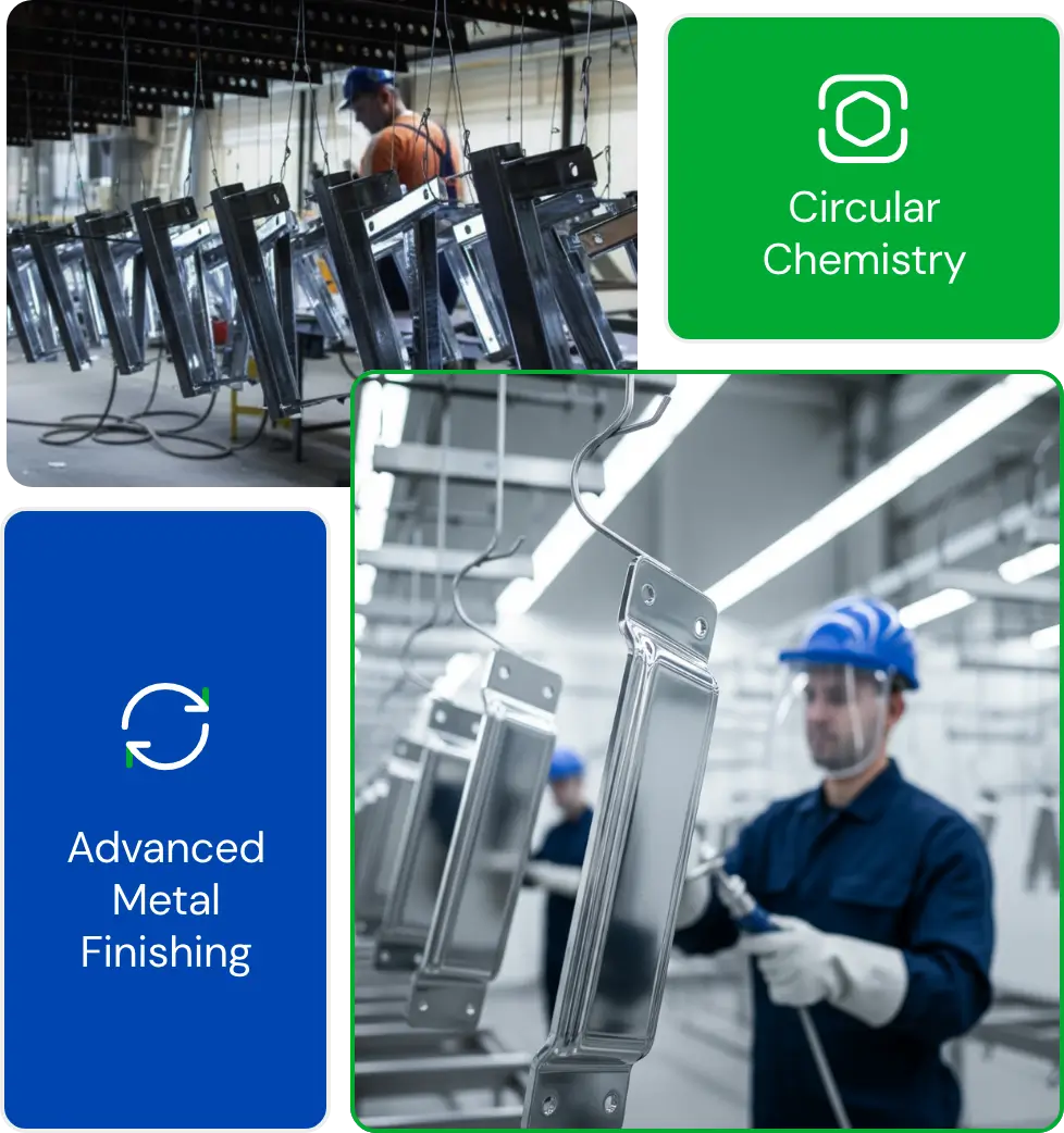 Technicians plating metal parts with special compounds in a manufacturing space.